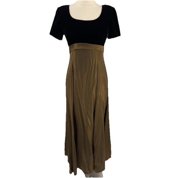 Vtg 90s Niki Livas Maxi Dress Prom Black Velvet Gold Metallic Bow Goth Grunge 8 - Picture 1 of 14